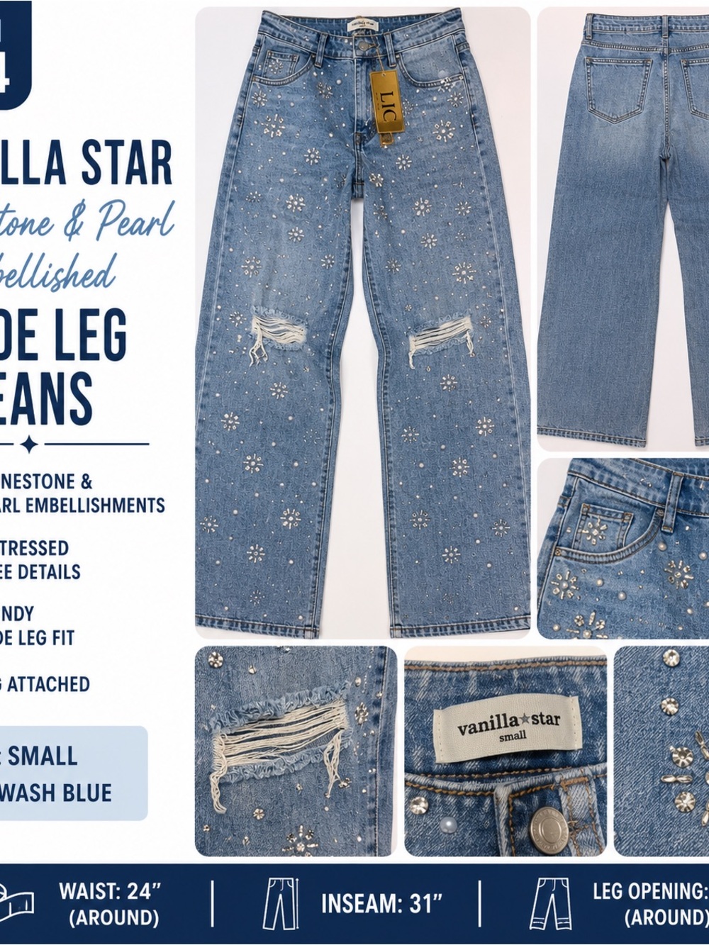 Vanilla Star Light Wash Blue Pearl & Rhinestone Wide Leg Jeans